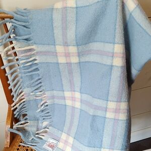 Blue Plaid Wool Fringed Small Blanket 41x36"